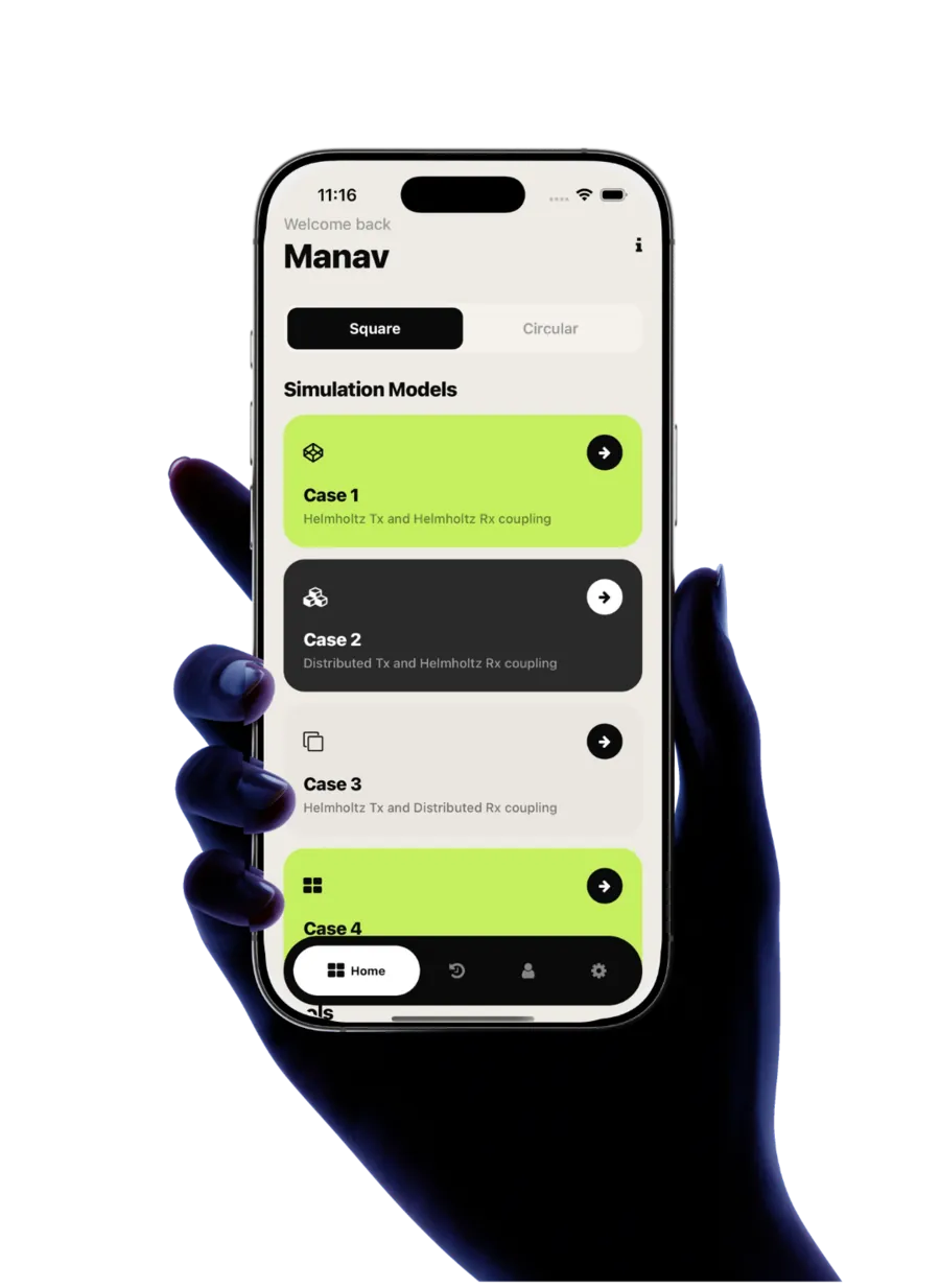 A hand holding an iPhone running AirInduct Sim, with the square and circular coil cases on the home screen